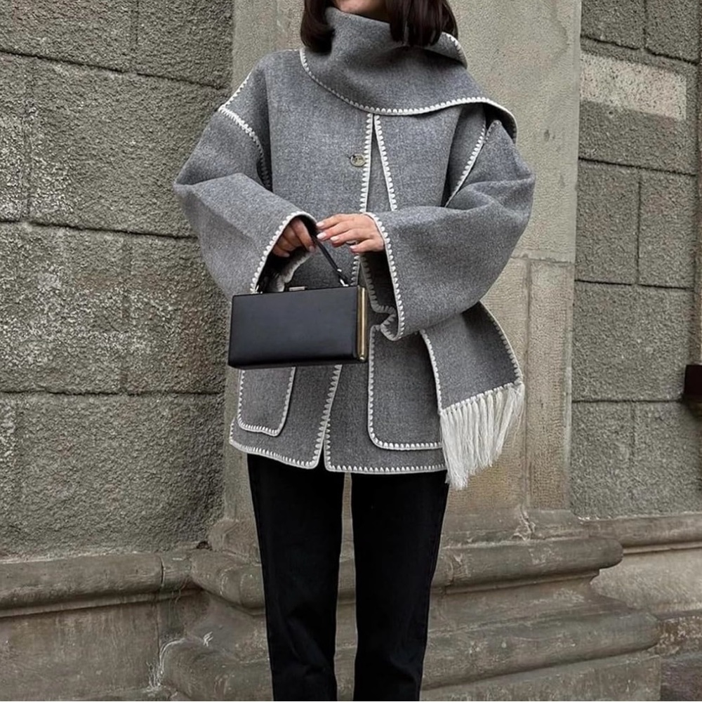 Wool Blend Outwear with Tassel Scarf